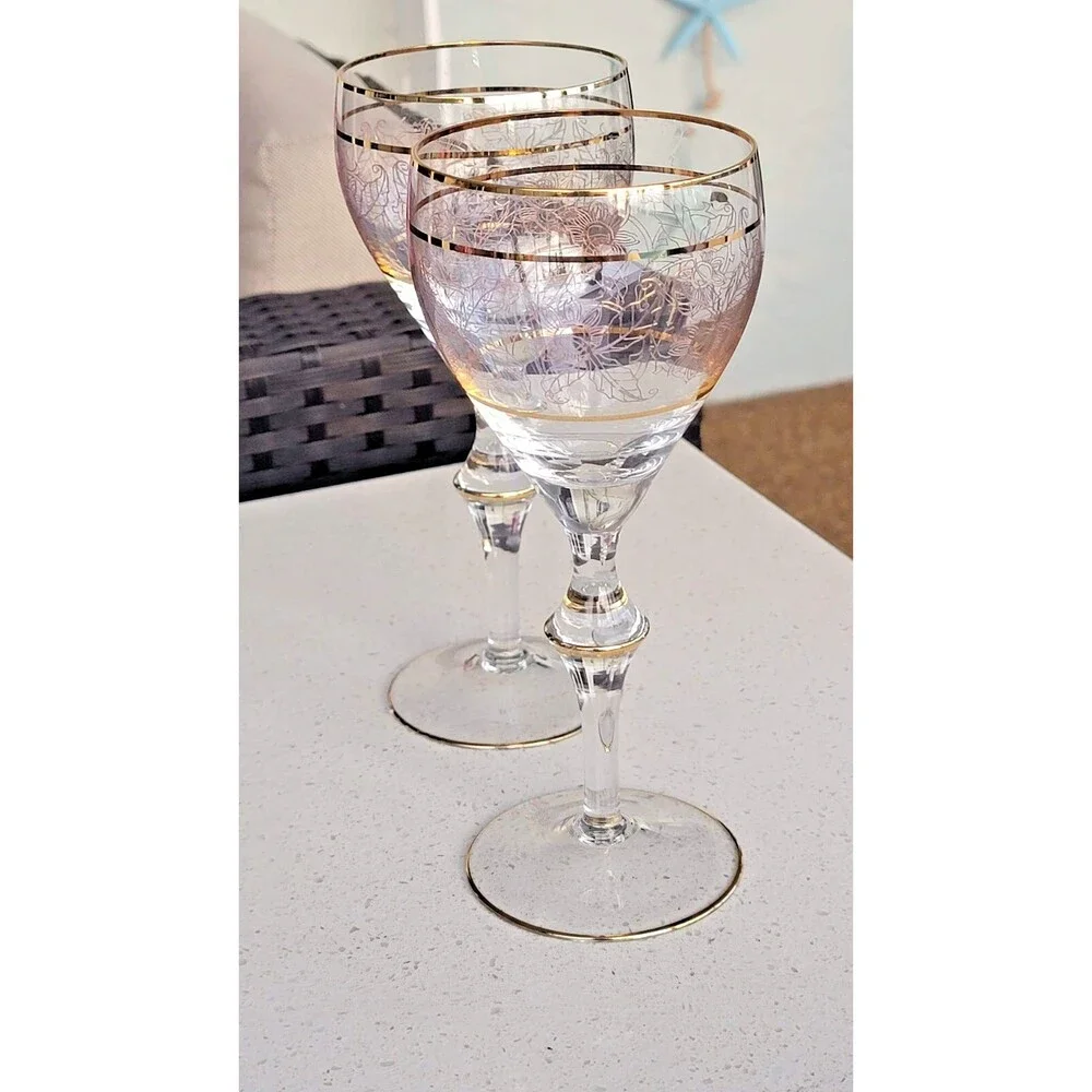 Vintage Crystal Wine Glasses Gold Etched & Banded Stemware Set/2